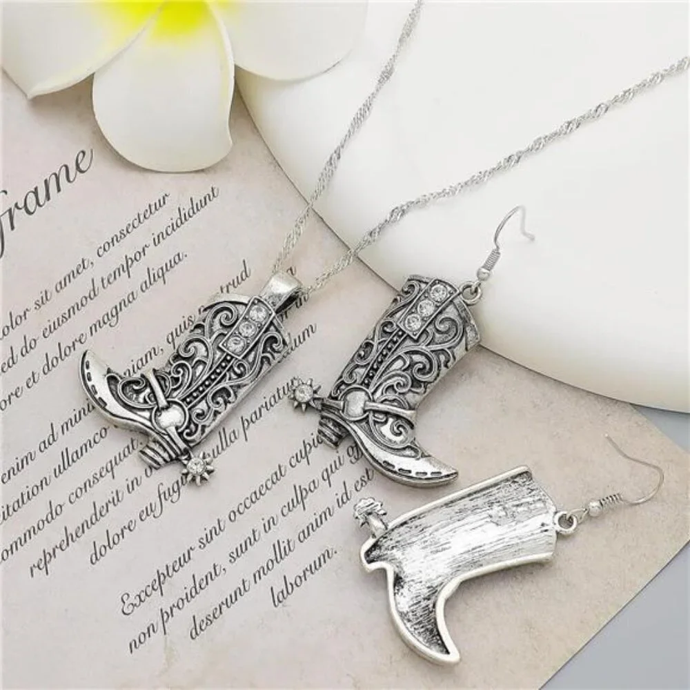 Cowboy Boot Jewelry Set – Western Necklace and Earring Combo Cowgirl Silver